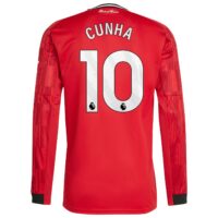 Manchester United adidas Home Shirt 2025-26 - Long Sleeve with Cunha 10 printing