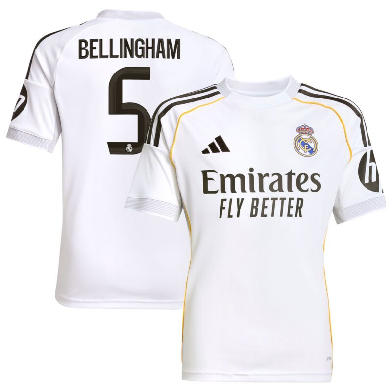 Real Madrid adidas Home Shirt 2025-26 - Kids with Bellingham 5 printing