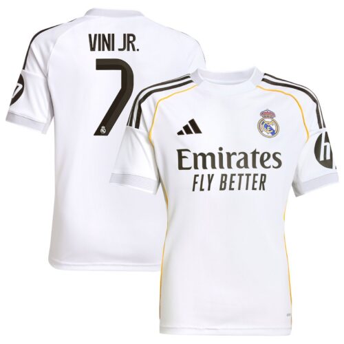 A2B image: real-madrid-adidas-home-shirt-2025-26-kids-with-vini-jr-7-printing Real Madrid adidas Home Shirt 2025-26 - Kids with Vini Jr. 7 printing