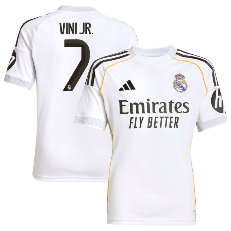 Real Madrid adidas Home Shirt 2025-26 - Kids with Vini Jr. 7 printing