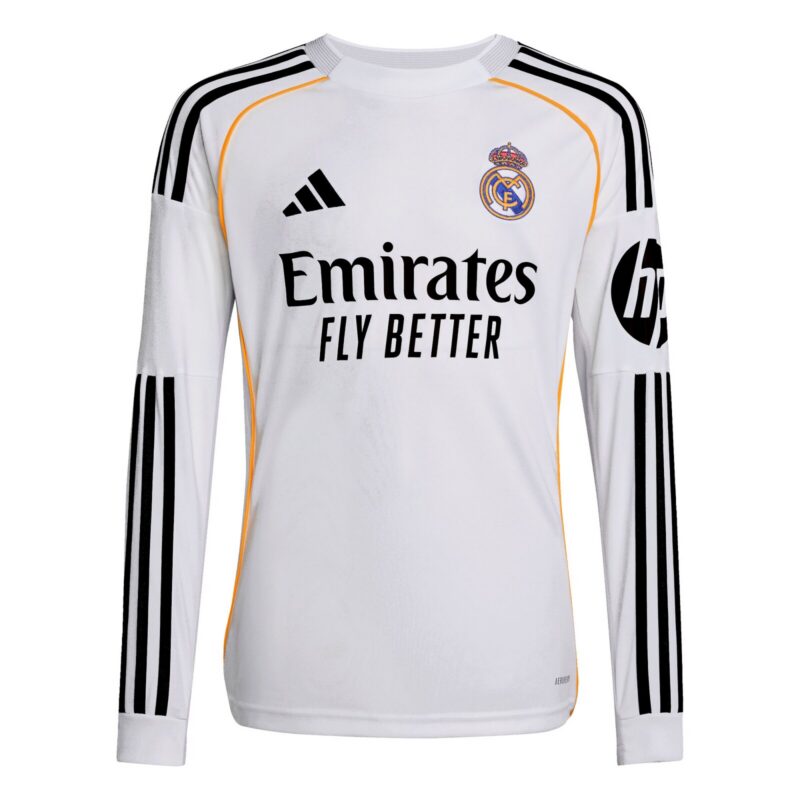 A2B image: real-madrid-adidas-home-shirt-2025-26-long-sleeve-kids Real Madrid adidas Home Shirt 2025-26 - Long Sleeve - Kids