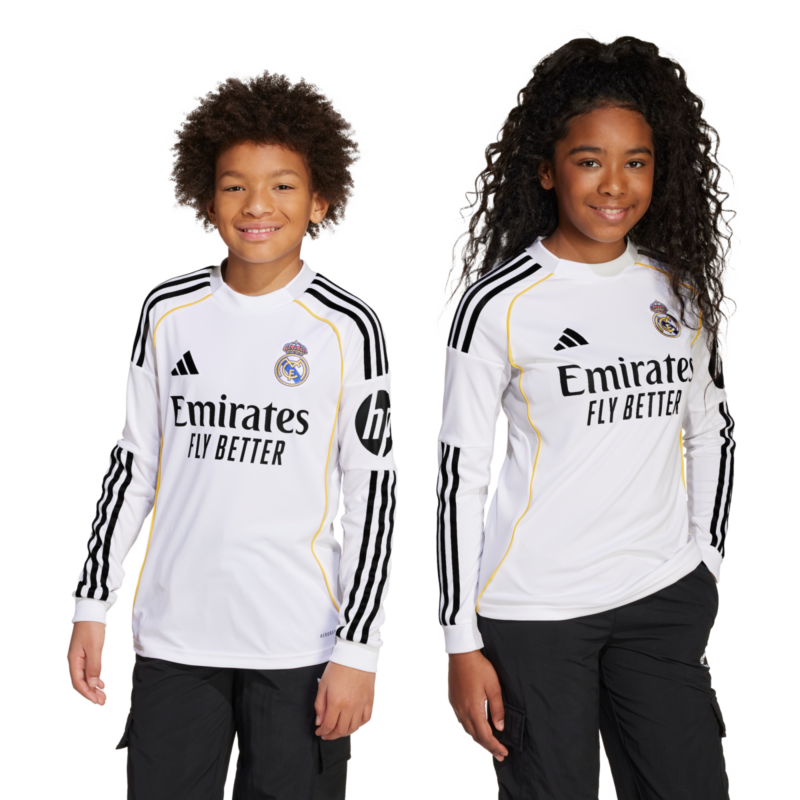 A2B image: real-madrid-adidas-home-shirt-2025-26-long-sleeve-kids Real Madrid adidas Home Shirt 2025-26 - Long Sleeve - Kids