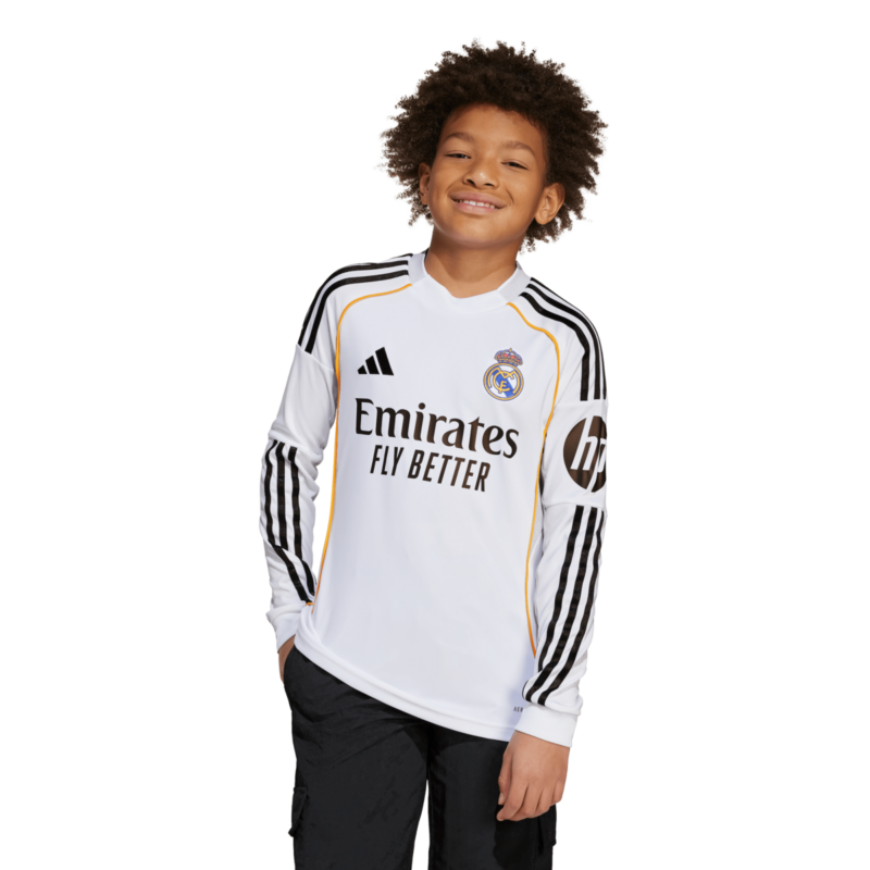 A2B image: real-madrid-adidas-home-shirt-2025-26-long-sleeve-kids Real Madrid adidas Home Shirt 2025-26 - Long Sleeve - Kids