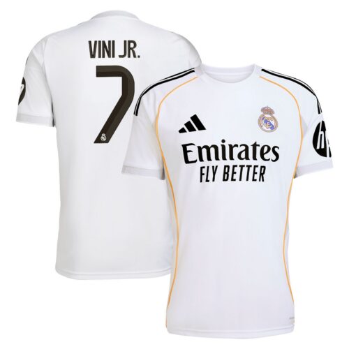 A2B image: real-madrid-adidas-home-shirt-2025-26-with-vini-jr-7-printing Real Madrid adidas Home Shirt 2025-26 with Vini Jr. 7 printing