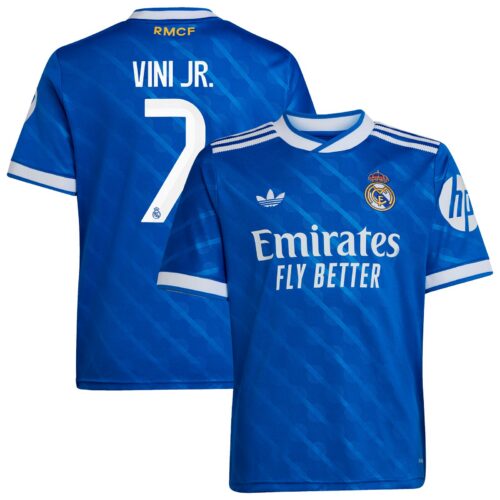 A2B image: real-madrid-adidas-third-shirt-2025-26-kids-with-vini-jr-7-printing Real Madrid adidas Third Shirt 2025-26 - Kids with Vini Jr. 7 printing